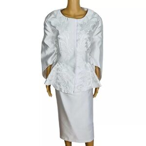 GMI Polyester Metallic Skirt Suit White Embroidered Ruffle Trumpet Sleeves 2PC